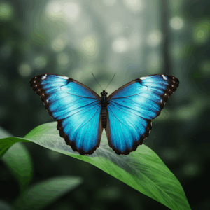 La "Mariposa Azul" del Costa Rica La farfalla blu, appoggiata su una foglia nella foresta