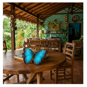 La "Mariposa Azul" del Costa Rica La farfalla blu, appoggiata sul tavolo di casa