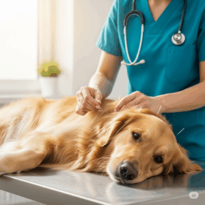 Agopuntura per tutte le età Golden Retriver a cui stanno infilando gli agi per l'agopuntura