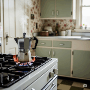 Com'è nato l'espresso italiano? Moka sul fornello, con fuoco acceso in una cucina degli anni 50