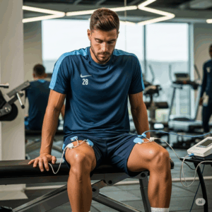 Elettrostimolazione storia e tecnologia Uomo in palestra, con elettrodi per la stimolazione sulle gambe. 