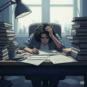 Superare la sensazione di inutilità Persona disperata davanti a una scrivania piena di libri disperata e mensierosa