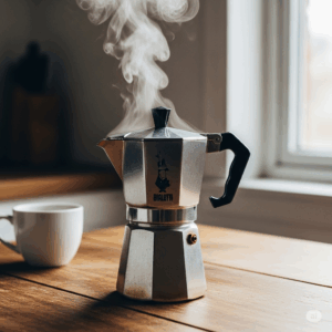 La Straordinaria Storia della Caffettiera Bialetti La caffettiera Bialetti con una tazzina su un tavolo