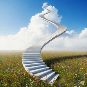 La Mia Esperienza di Guarigione Spirituale Scalinata che da un prato fiorito sale verso le nuvole