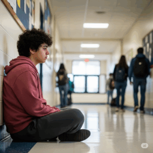 La solitudine-isolamento Ragazzo seduto a terra nel corridoio della scuola con i ragazzi che passano. 