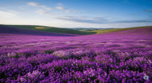 Il significato dei colori VI Campo di fiori viola con colline sullo sfondo