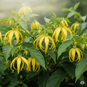 Il Respiro dell'Estate essenze che abbracciano corpo e anima Pianta di Ylang Ylang con fiori gialli. I petali guardano verso il basso e sono a punta.