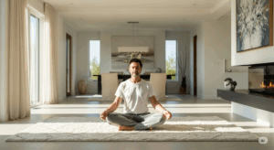 La Filosofia Zen la Via all'Illuminazione Interiore Persona in casa moderna occidentale, seduta a terra a gambe incrociate in meditazione