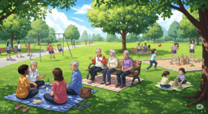 Consigli per una vacanza perfetta senza muoversi Persone di tutte le età che parlano tra loro, con bambini che vanno sulle altalene e giocano in un parco. 