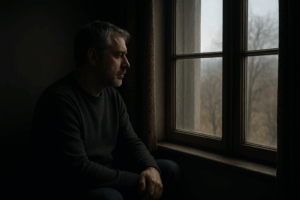 Amore ed Eremita. Un uomo solitario seduto davanti a una finestra