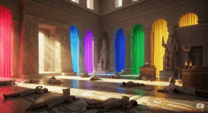 La cromoterapia di Peter Mandell Tempio Egizio con statue, tende colorate attraverso le quali passa la luce, e persone sdraiate