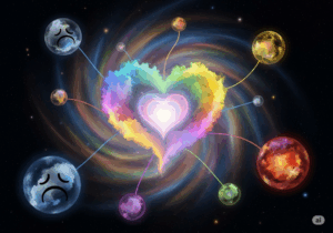 La cromoterapia di Peter Mandell Un cuore di tutti i colori, con ogni colore unito ad uno smile con espressioni diverse a seconda dell'emozione