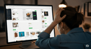 La giungla digitale degli acquisti Persona con le mani nei capelli davanti ad una schermata piena di offerte di ecommerce.