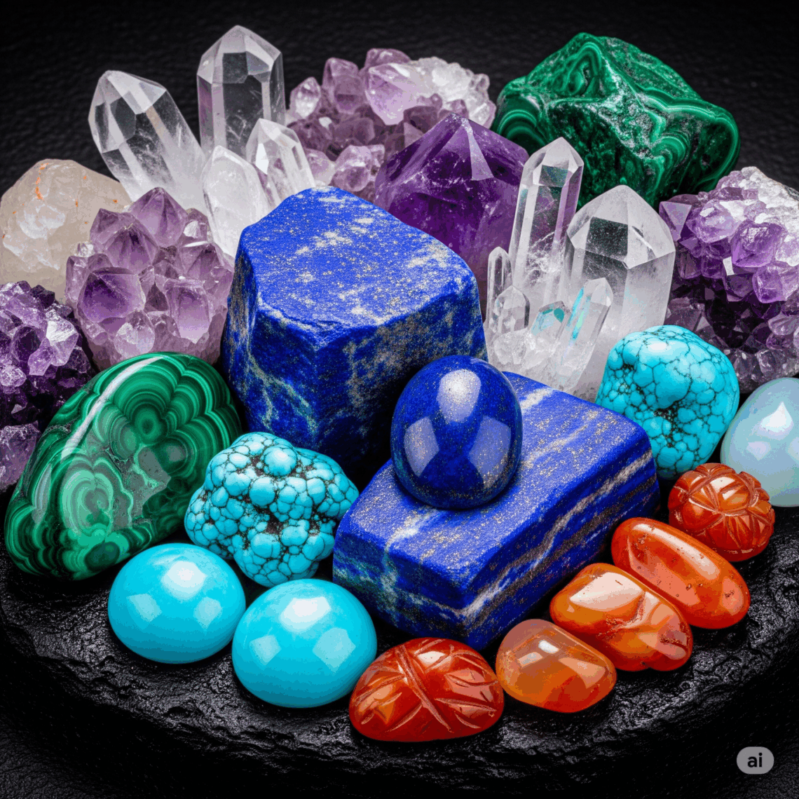 Pietre minerali lapislazzuli, malachite, ametista, turchese, corniola e quarzo