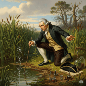 l'immagine di Alessandro Volta mentre scopre il gas metano