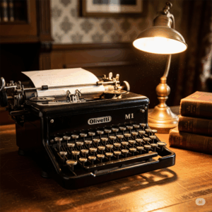 un'immagine che rappresenta una vecchia macchina da scrivere Olivetti M1, con un tocco vintage e nostalgico.