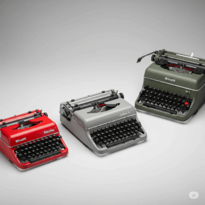 un'immagine che mette in evidenza alcune delle macchine da scrivere più iconiche di Olivetti, veri e propri simboli di design e funzionalità. 