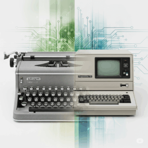 un'immagine concettuale che illustra il passaggio epocale dalle macchine da scrivere ai primi computer di Olivetti, unendo l'iconica Lettera 22 con l'innovativa Programma 101.