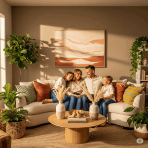 un'immagine che illustra i principi del Feng Shui per le relazioni e l'armonia famigliare, mostrando uno spazio accogliente e sereno.