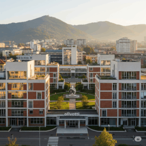 un'immagine che rappresenta l'architettura distintiva e innovativa che ha reso Ivrea un modello industriale unico, riconosciuto anche come Patrimonio Mondiale dell'UNESCO. 