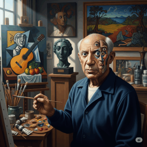 un ritratto di Pablo Picasso, che mostra il suo volto in uno stile cubista e un'atmosfera che riflette le sue diverse fasi artistiche