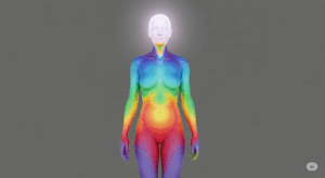 La cromoterapia di Peter Mandell Persona in piedi, con i colori sfumati della mappa di Mandell