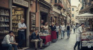L'effetto farfalla in economia Via con negozietti per turisti, con i commercianti fuori e i turisti che passeggiano semplicemente. 