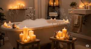 Consigli per una vacanza perfetta senza muoversi Vasca piena di schiuma con candele accese
