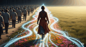 Il Viaggio Autentico alla Scoperta di Sé Persona che cammina accanto ad una fila scura, su un sentiero luminoso e in solitudine