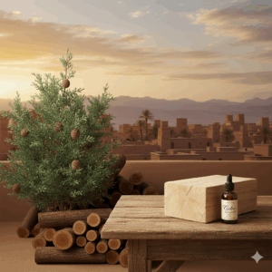 Oli essenziali per l'autunno: un abbraccio caldo per corpo e mente Pianta, pezzi di legno e olio essenziale di cedro