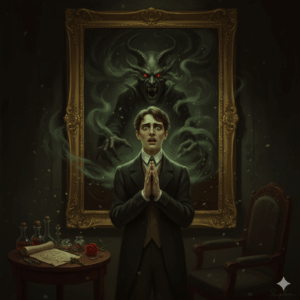 L'eterna giovinezza e l'ombra del peccato Dorian che prega a mani giunte e un demone in una cornice alle sue spalle che lo avvolge con lunghe spire