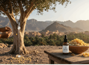Oli essenziali per l'autunno: un abbraccio caldo per corpo e mente Ciotola di incenso in grani e olio essenziale, su un tavolo con pianta di Boswella sacra da cui cola la resina. Sullo sfondo l'Oman