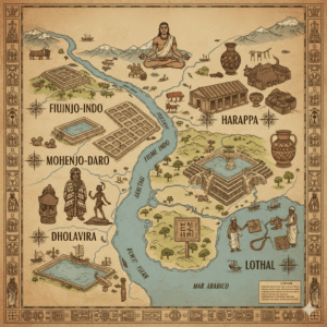 Viaggio nella storia delle Mudra Mappa dell'Indo meridionale con il fiume, i villaggi alcuni personaggi ed in alto il budda che medita a gambe incrociate con le mani in mudra