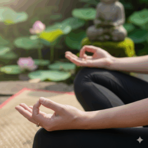 Viaggio nella storia delle Mudra Persona che incrocia a gambe incrociate con le mani in mudra con sullo sfondo fiori di loto e budda