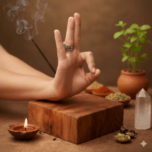 Viaggio nella storia delle Mudra Mano che fa la mudra (tipo ok) con incenso fumante, pianta, piattini di spezie, cristallo di quarzo ialino e candela accesa. 