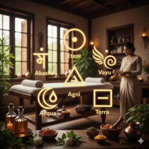 Viaggio nella storia delle Mudra Stanza con lettino da massggio, una massagiatri e in sovraimpressione i 5 elementi come simboli dell'ayurveda. 
