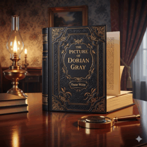 L'eterna giovinezza e l'ombra del peccato Copertina del libro di Oscar Wilde il ritratto di Dorian Gray. Libro appoggiato su una scrivania vittoriana
