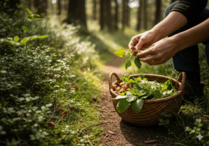 l'alimurgia nutrirsi con le piante selvatiche commestibili Mani che raccolgono le erbe selvatiche in un bosco, e riempiono un cestino