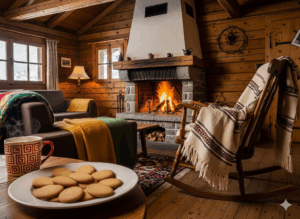 Cucina e artigianato della Valdigne Baita di montagna in legno con camino accesso, divano davanti al camino e sedia dondolo con coperte sopra. In primo piano, piatto di tegole e tazza rossa fumante