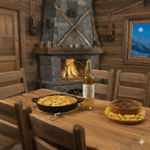 Cucina e artigianato della Valdigne e della Valle d'Aosta Interno di baita di montagna con un tavolo imbandito con Tartiflette, carbonada e blanche de Morgeaux e La Salle