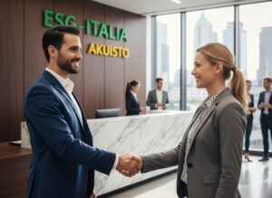 Trasforma il passaparola in valore con ESG-Italia Un uomo e una donna che si stringono la mano in un ingresso di un'azienda. Scritta sul muro ESG-Italia Akuisto