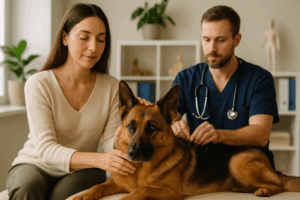 Cure naturali olistiche per animali: guida al benessere integrato Pastore tedesco, con proprietaria e veterinario