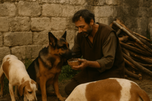 Imparare la gratitudine dagli animali immagine: Il servo ce sta sfamando il pastore tedesco e altri cani