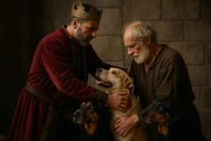 Imparare la gratitudine dagli animali Immagine: Il re accarezza il cane davanti al servo