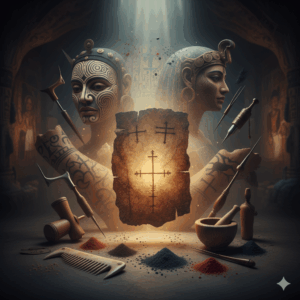 L'Arte Millenaria sulla Pelle: Un'immagine composita o evocativa che unisce elementi di diverse epoche e culture per rappresentare la lunga storia del tatuaggio. Potrebbe mostrare frammenti di pelle antica con tatuaggi, strumenti tradizionali da varie civiltà e simboli stilizzati che fondono il passato e l'arte. L'atmosfera è eterea e ricca di storia, con un tocco di misticismo.