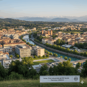 Immagine panoramica di Ivrea, con un'enfasi diversa, che mostra la città con una prospettiva più ampia e la bellezza del suo contesto naturale e architettonico.