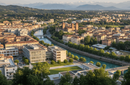 Immagine panoramica di Ivrea, con un'enfasi diversa, che mostra la città con una prospettiva più ampia e la bellezza del suo contesto naturale e architettonico.