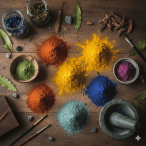 Ecco un'immagine che rappresenta i pigmenti naturali, con un mix di polveri minerali e vegetali che richiamano le loro origini e la loro ricchezza cromatica