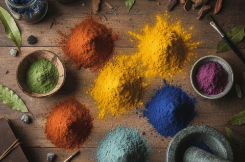 Ecco un'immagine che rappresenta i pigmenti naturali, con un mix di polveri minerali e vegetali che richiamano le loro origini e la loro ricchezza cromatica