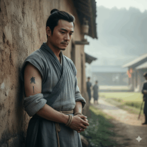 Un'immagine che evoca la Cina antica, mostrando una persona con semplici tatuaggi (linee o simboli discreti) che potrebbero indicare l'appartenenza a un gruppo o un marchio punitivo, in un contesto che richiama l'architettura o i paesaggi dell'epoca. L'atmosfera è più sobria per riflettere gli usi sociali del tatuaggio in quel periodo.